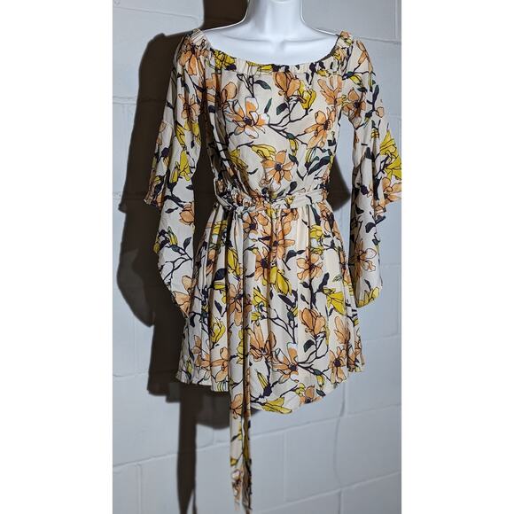 Essue Floral Print Dress Bell Sleeve Off Shoulder Tie Waist Mini Dress Small - Picture 1 of 8